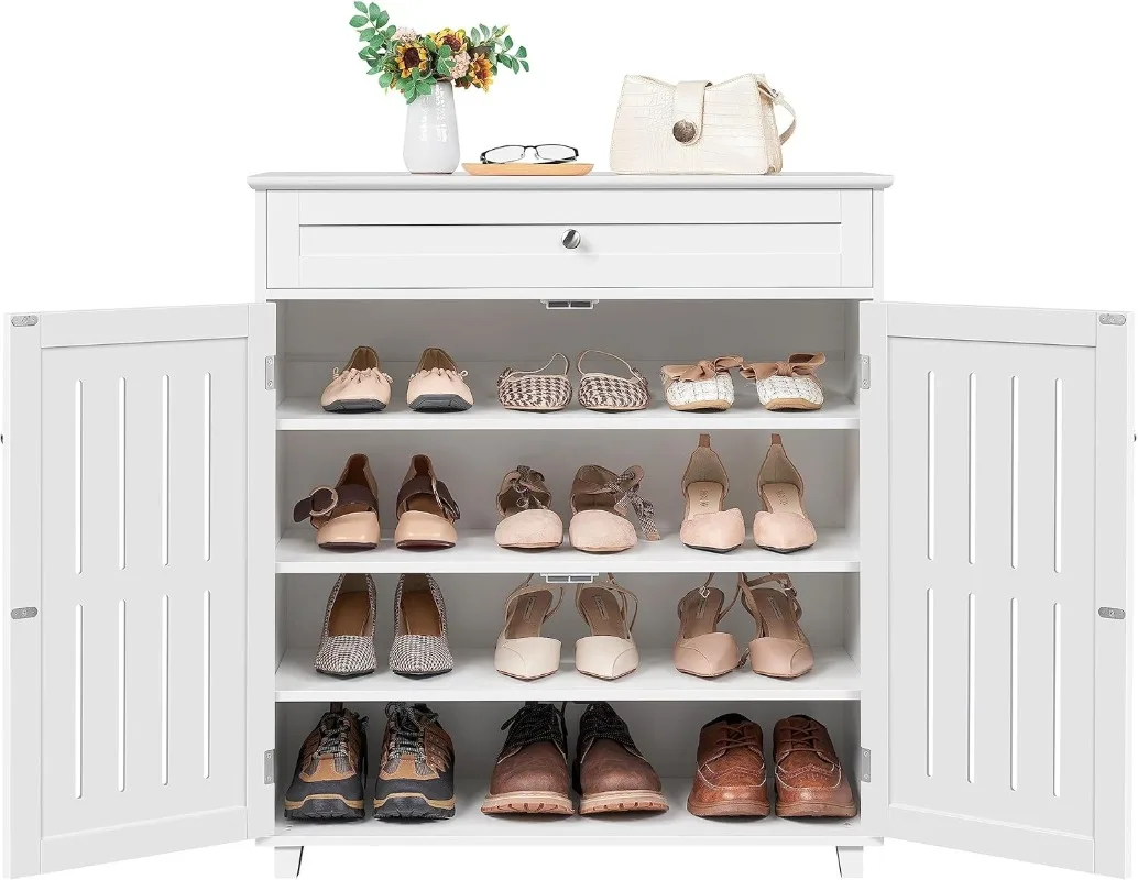 

Shoe Cabinet 4-Tier Shoe Storage Cabinet with Drawer Adjustable Shelves Shoe Rack Organizer with Louvered Doors for Entryway