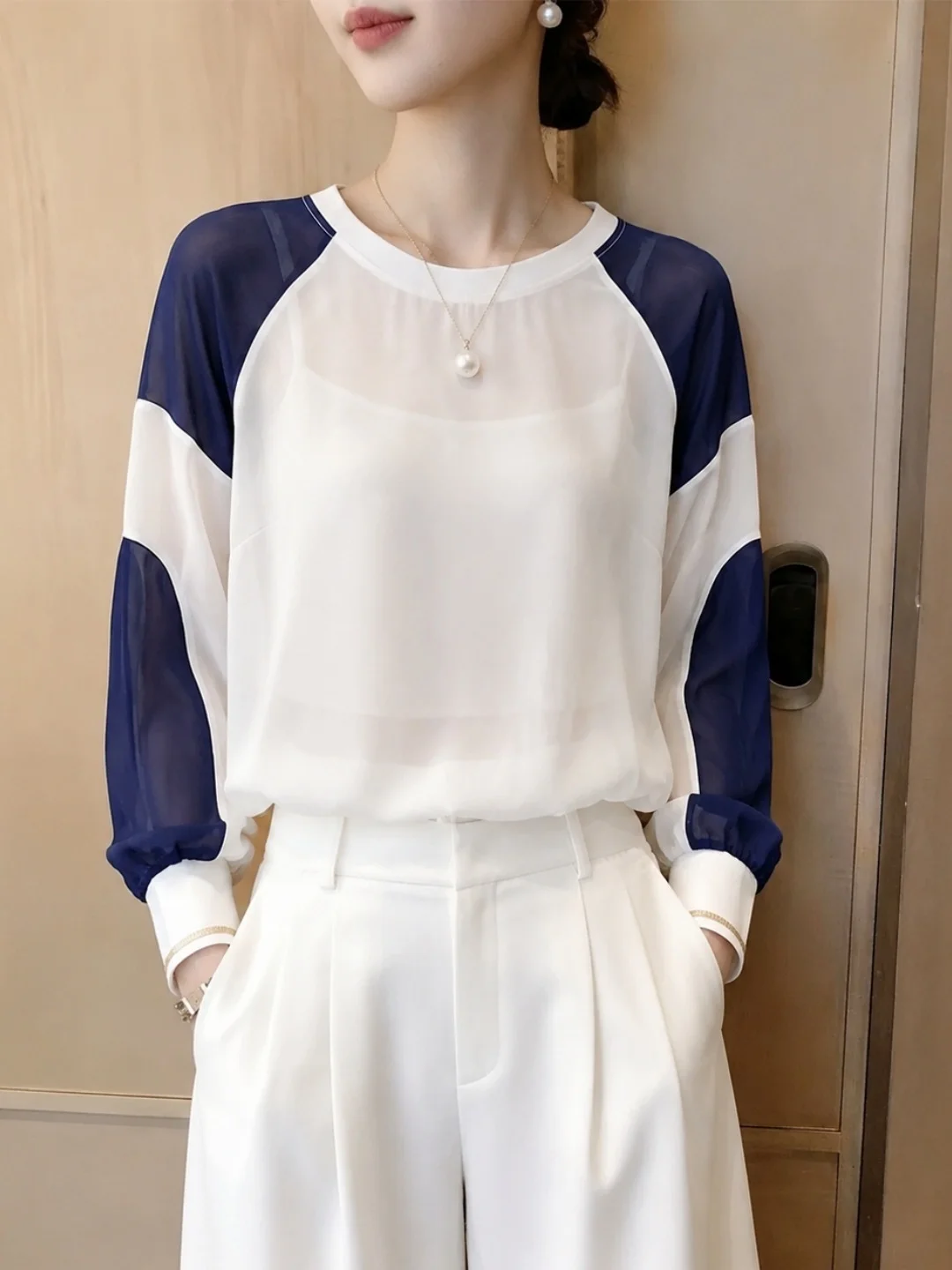 Fall 2026 Trendy Lazy Style Color Block Long Sleeve T-Shirt Loose Versatile Age Reduction Design Commute Korean Loose Fit T-S...