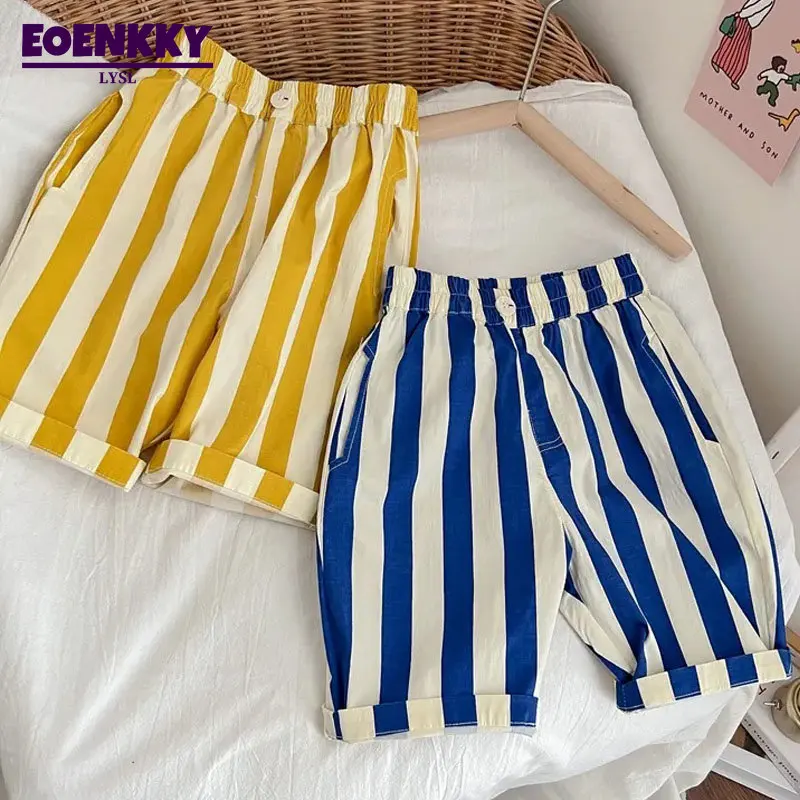 

Children's Stripe Pants Kids Summer Sandbeach Loose Casual Sweatpants Girl Korean Elastic Waist Pocket Pant Boy Clothes 2-7y