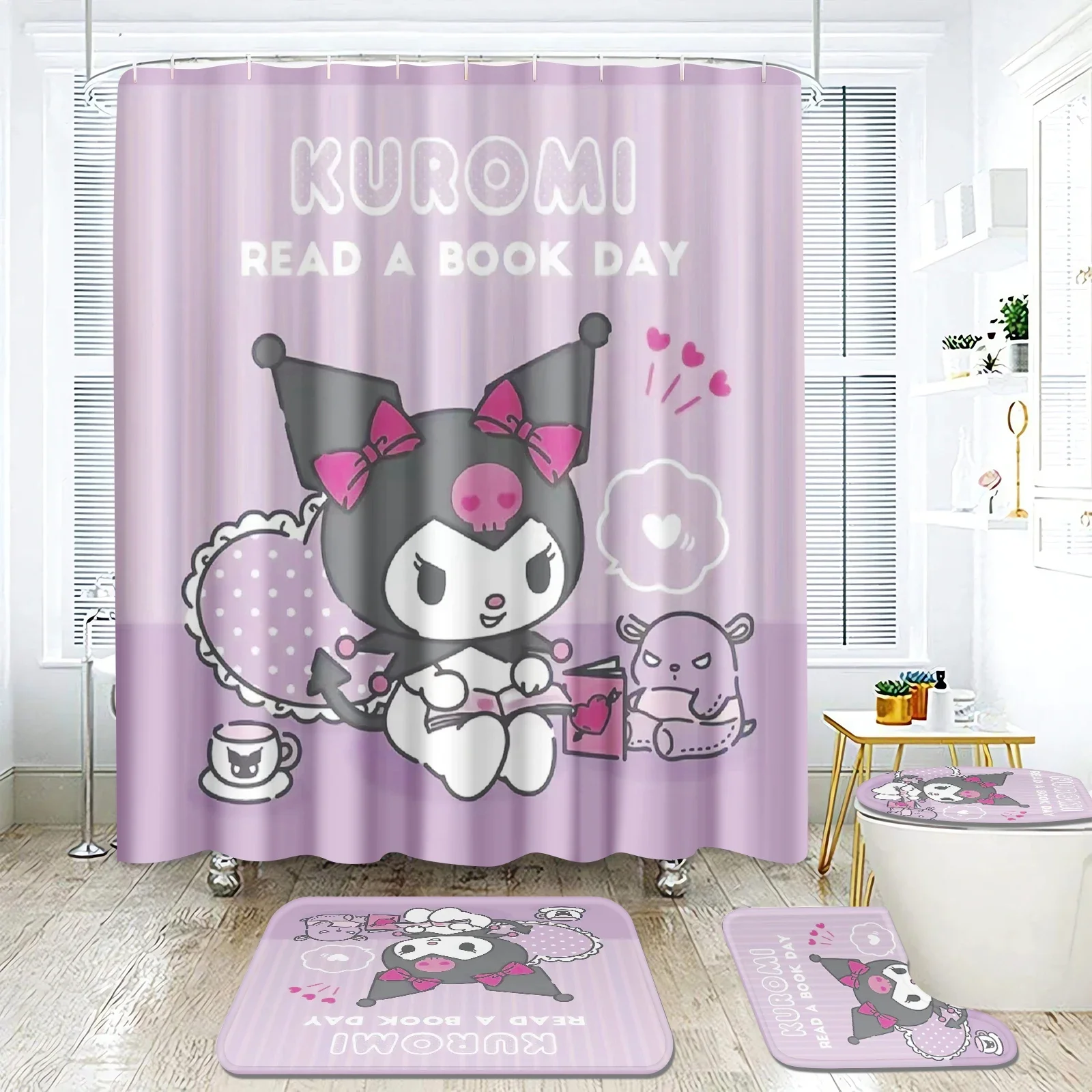 Sanrio Kuromi Anime Bath Shower Curtain Set 4pcs with Hooks Cartoon Decor Waterproof Bathroom Toilet Mat Lid