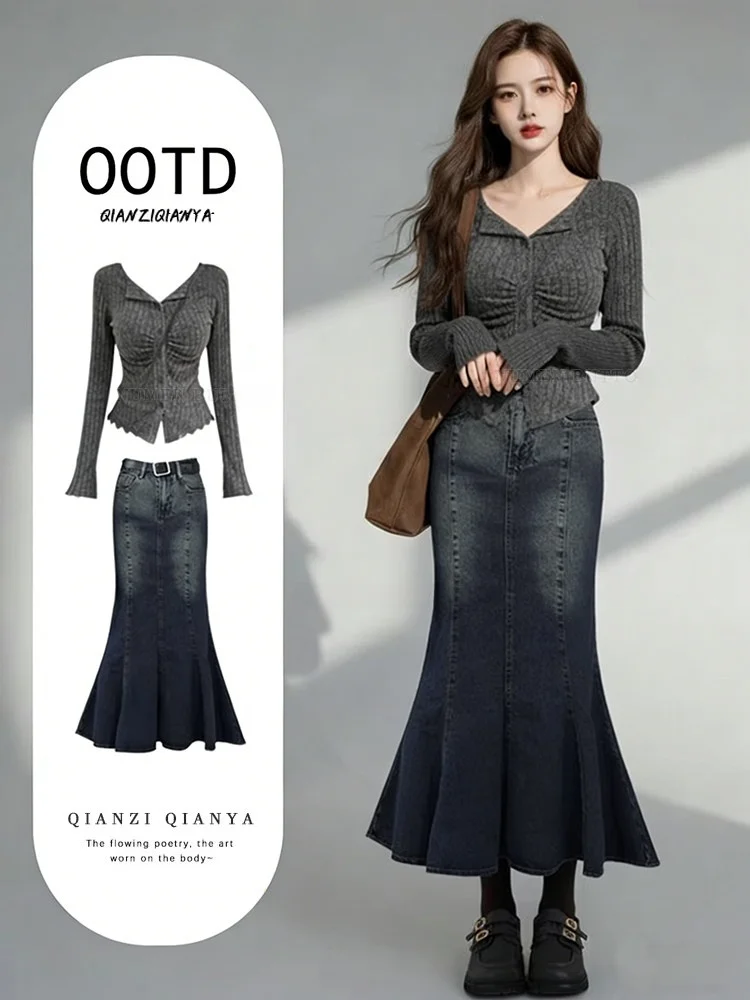 

Ele Spring Set Women's Retro Slim Fit irt And High Waist Fi Tail Denim Skirt Two Piece Suit Casual Sle V Ne Long ...