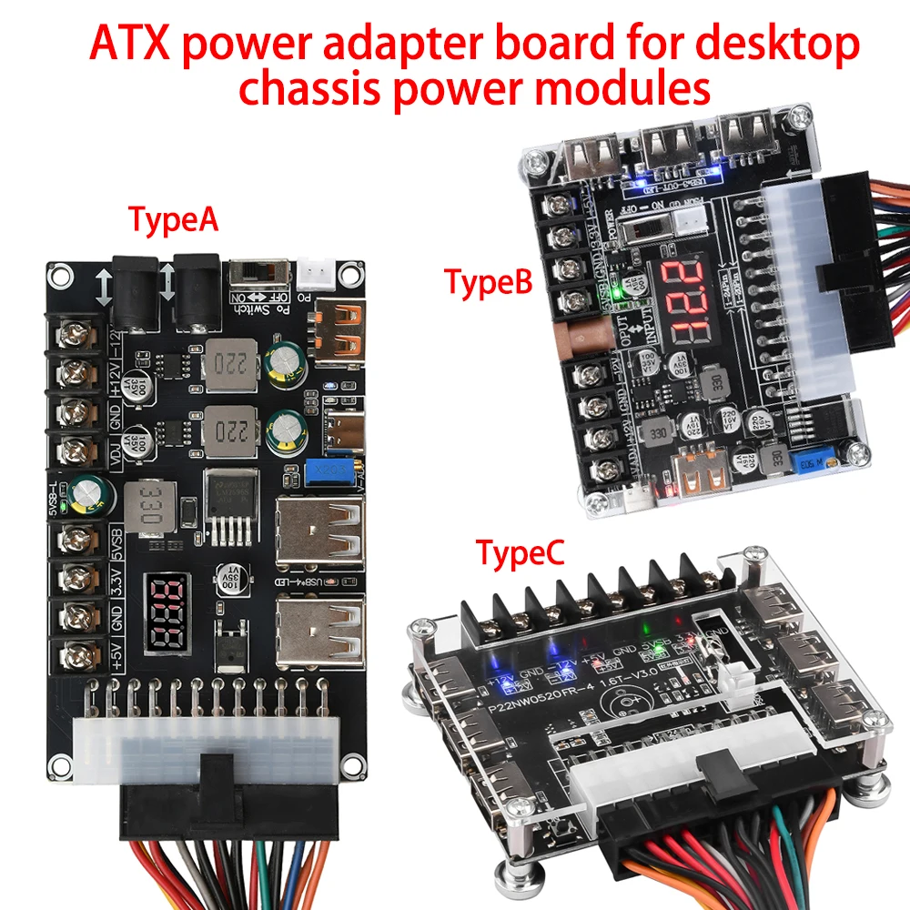 【セール中】20/24ピンATX電源アダプタボード電源モジュールアダプタ調整可能電圧赤色デジタルディスプレイUSB Type-C急速充電ボード