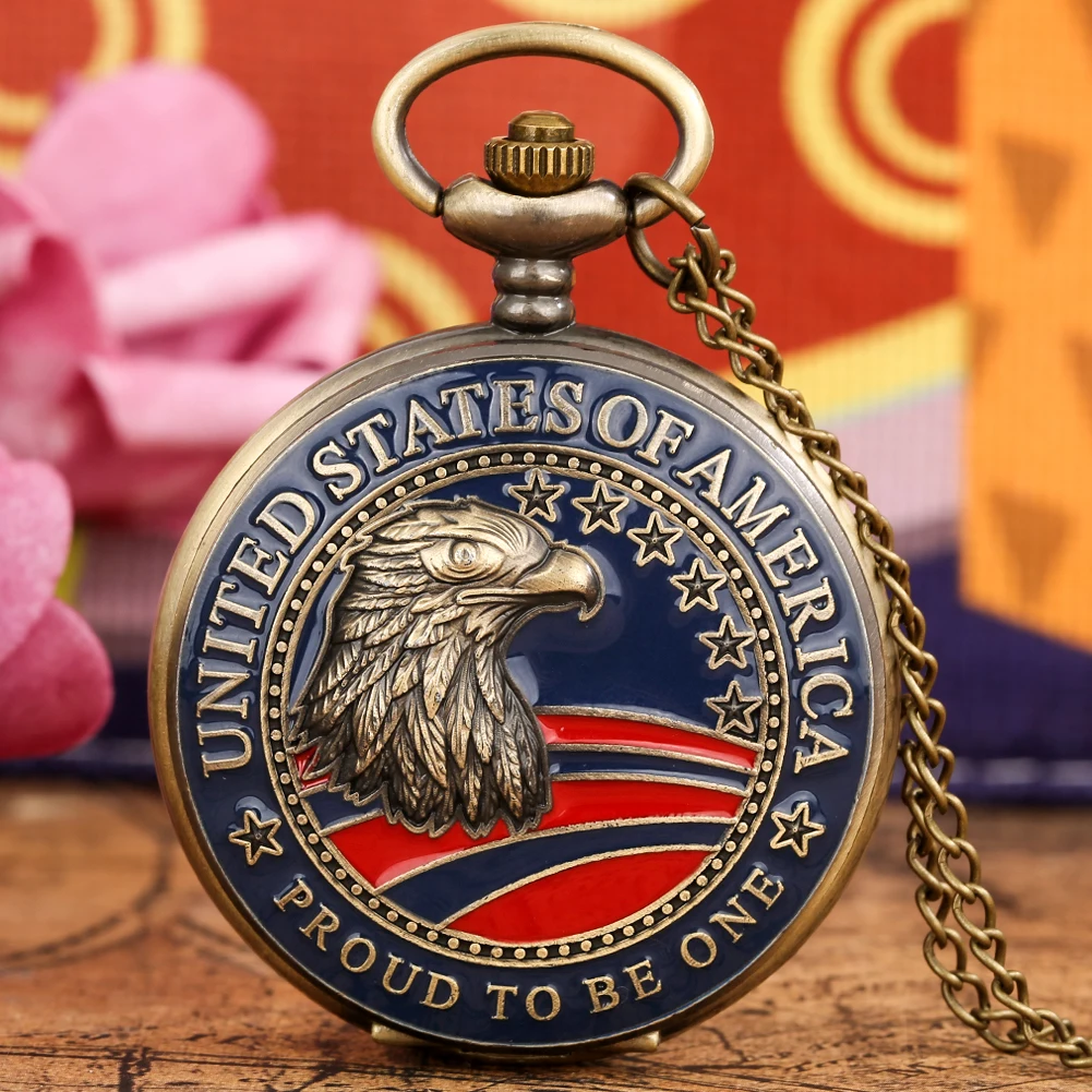 Proud of to be One United States of America Eagle Pattern Necklace Chain Quartz Pocket Watch Pendant Jewelry Gifts for American