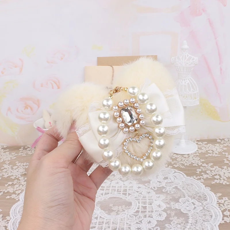 Adorno de bolso romántico, llavero de perlas de corazón de felpa, llavero de decoración para bolso, colgante de bolso dulce Ita, llavero de accesorios de lazo hecho a mano