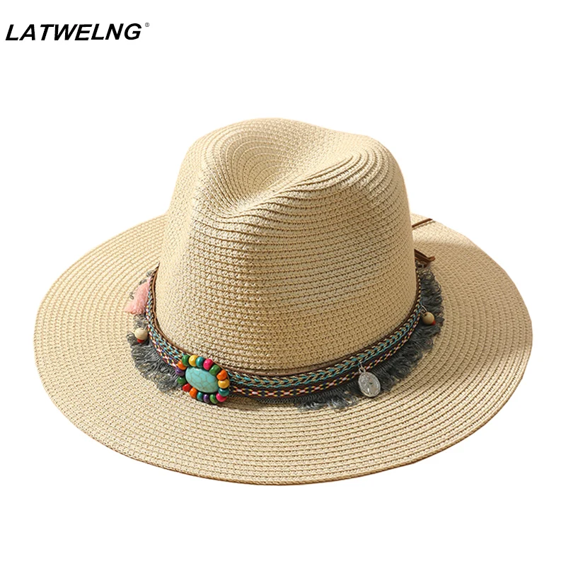 2022 Fashion Bohemian Sun Hat For Women Foldable Beach Hats Ladies Summer Paper Straw Hats White Panama Travel Hat UV Protection