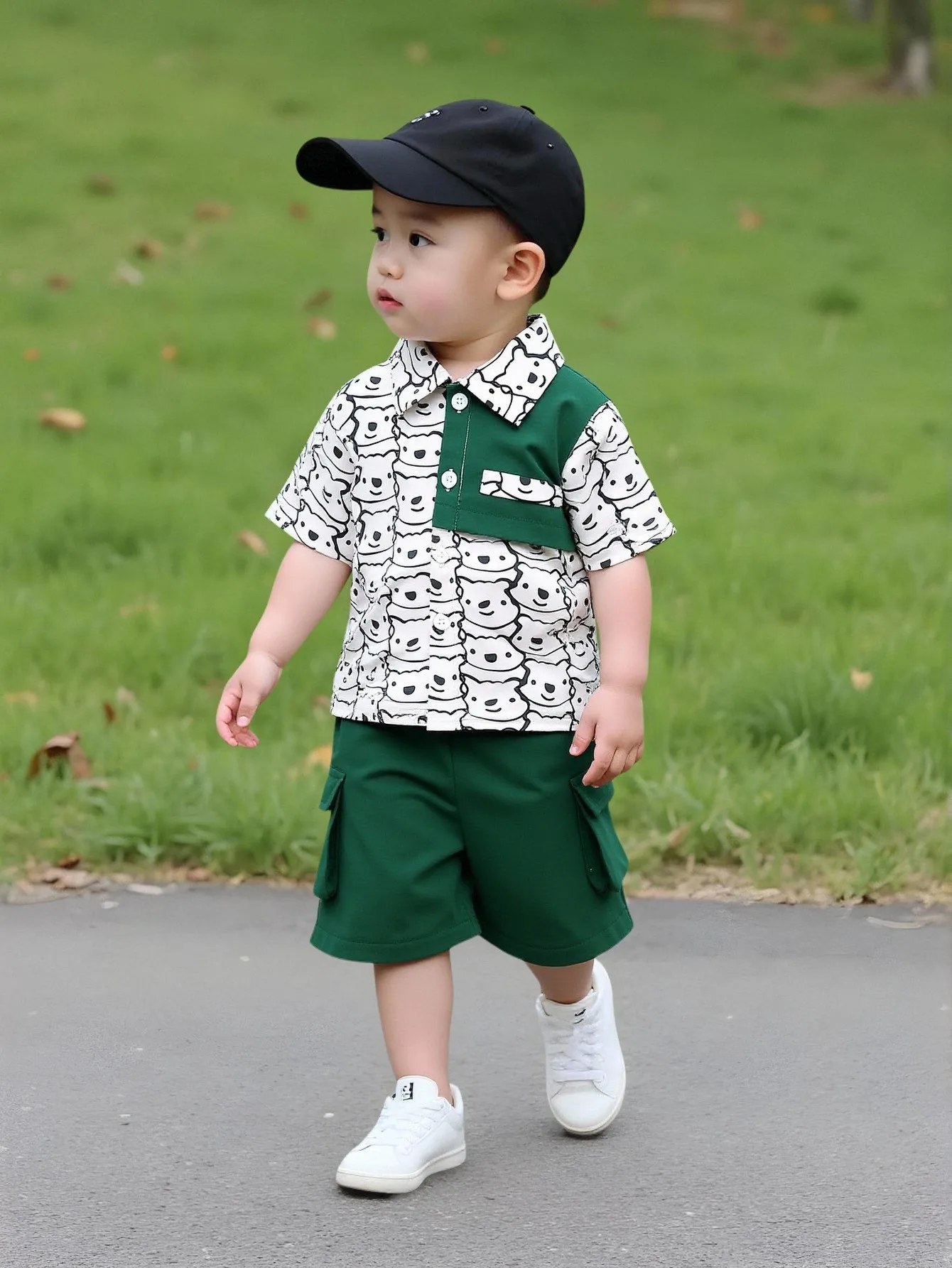 2 Pieces Set of Baby Boy Fashion Cartoon Patchwork Fake Pocket Decoration Short Sleeve Shirt Top and Work Shorts Suit for Summer