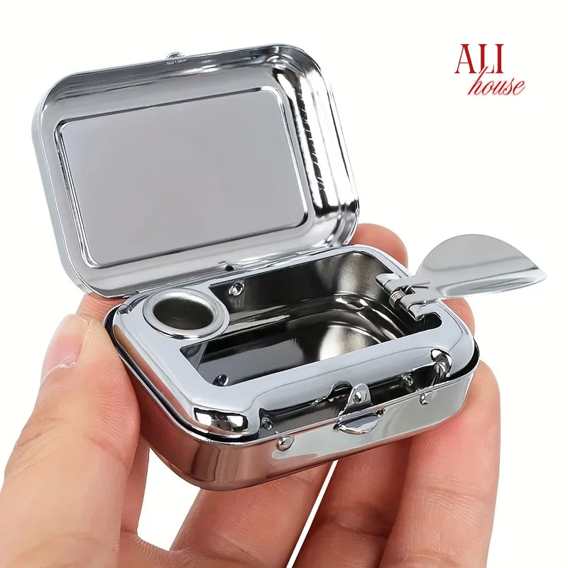 1PC Portable Metal Ashtray Pocket Size, Mini Square Car Ashtray with Lid, Creative Gift for Men, Travel, Outdoor, Leakproof