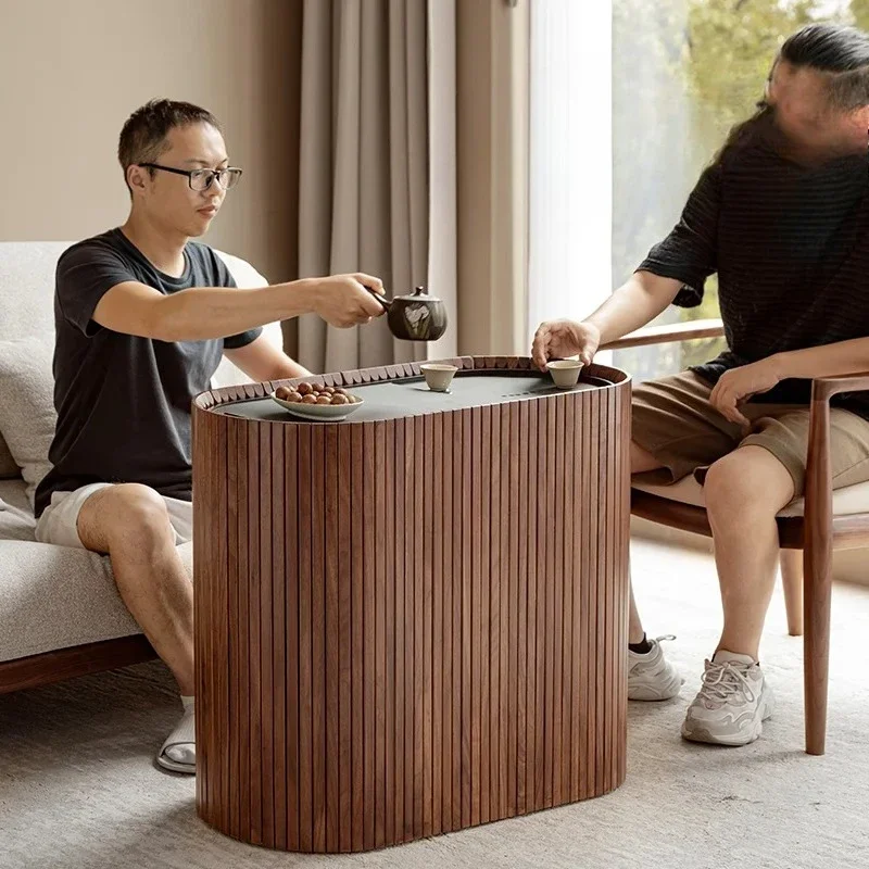 S Solid Wood Mobile Tea Cabinet, Black Walnut Tea Side Cabinet, Household Kettle Integrated Cart Side Table