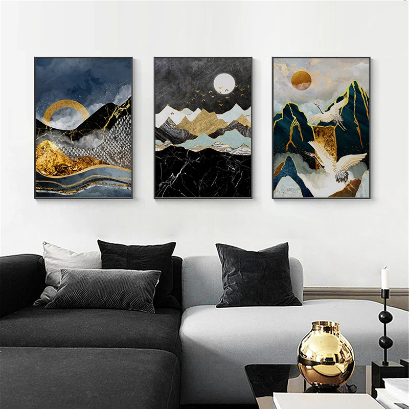 Nordic Abstract Geometric Mountain Canvas Painting Golden Sun Poster and Prints Wall Art Picture for Living Room Decoration