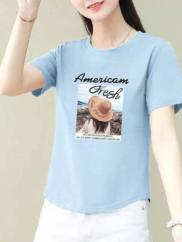 

Fashionable Short Sleeve Printed T-Shirt Women's Arc-shaped Hem Mom's Clothes Summer New Style Korean Version Slimming Top