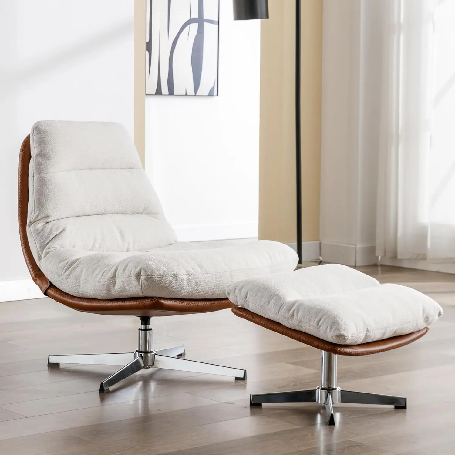 

Swivel Accent Chair With Ottoman, Mid Modern Linen Lounge Chair With Footrest, Comfy Oversized Armchair With 360 Degree Metal