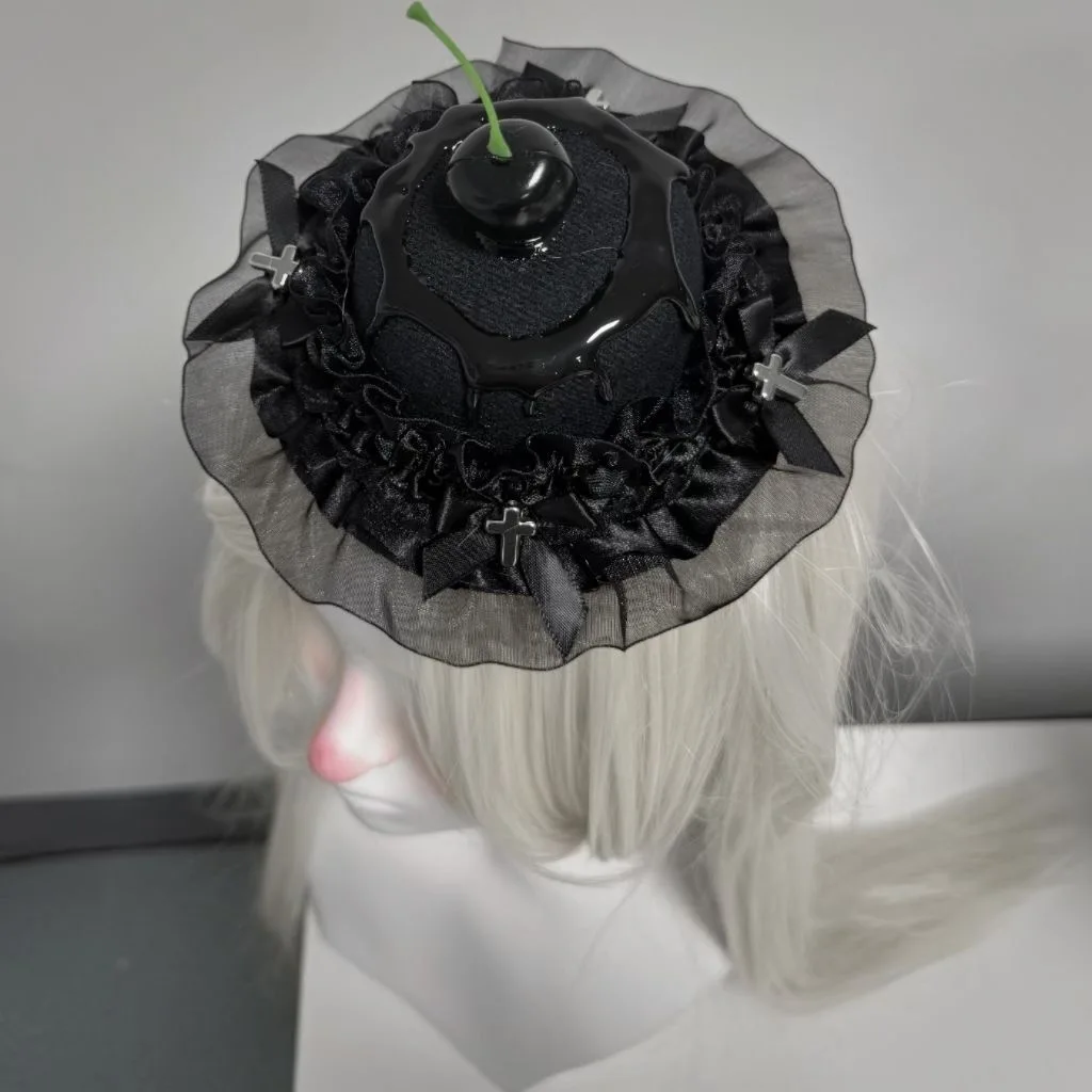 Lolita handgemachte kleine Zylinder schwarze Kirsche Geburtstagstorte Hut für Mädchen süßer Stil Kawaii Haarspangen Lolita Accessoires süß