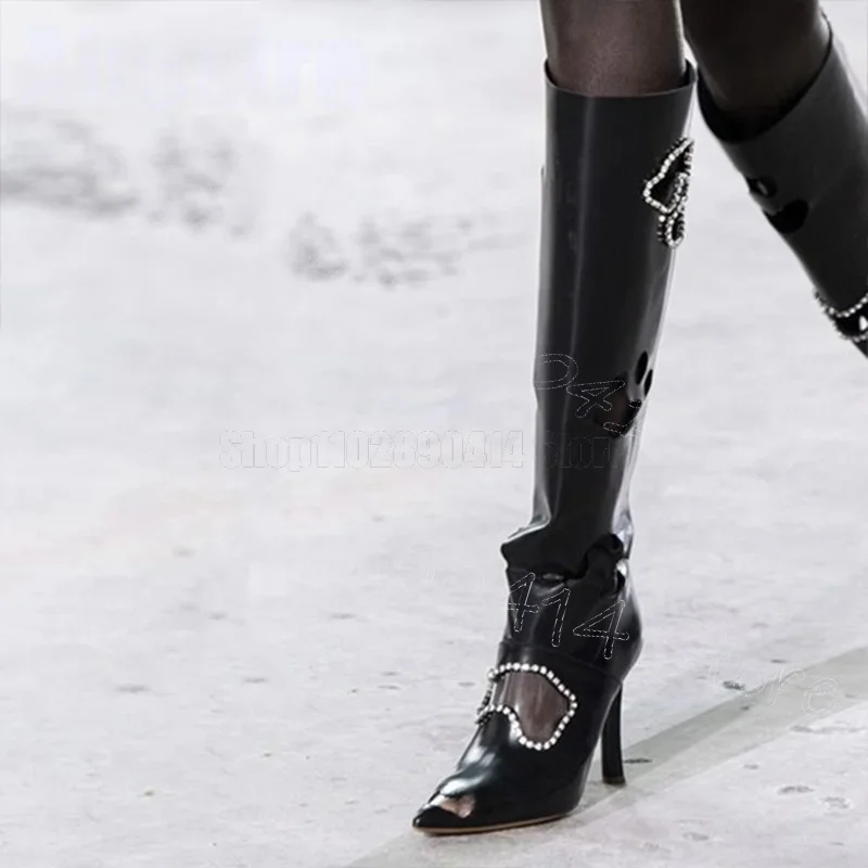 Black PVC Pointed Toe Crystal Decor Runway Boots Slip On Women Shoes Thin High Heels Sexy Party Banquet 2025 Zapatos Para Mujere