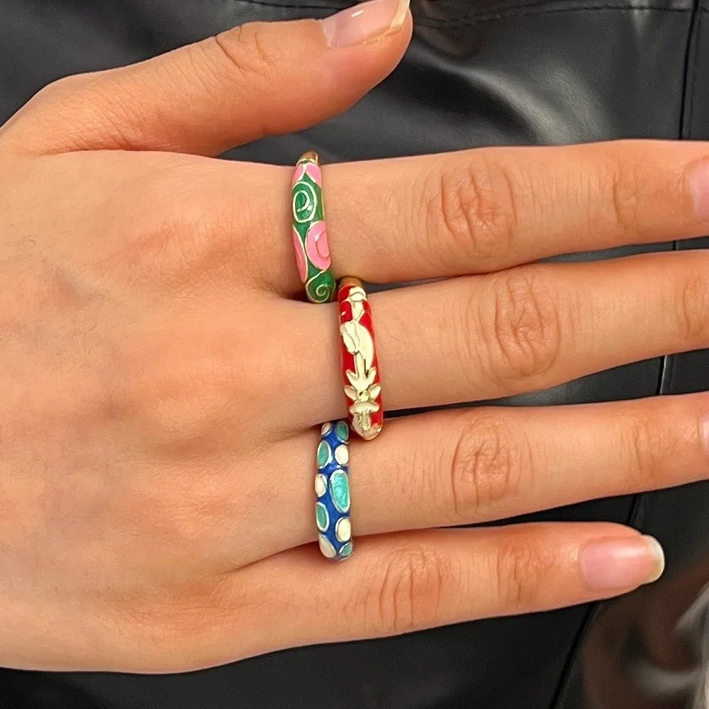 Minimalist Chinese Style Drip Oil Ring Vintage Colorful Enamel Statement Ring Adjustable Ethnic Floral Pattern Ring For Women