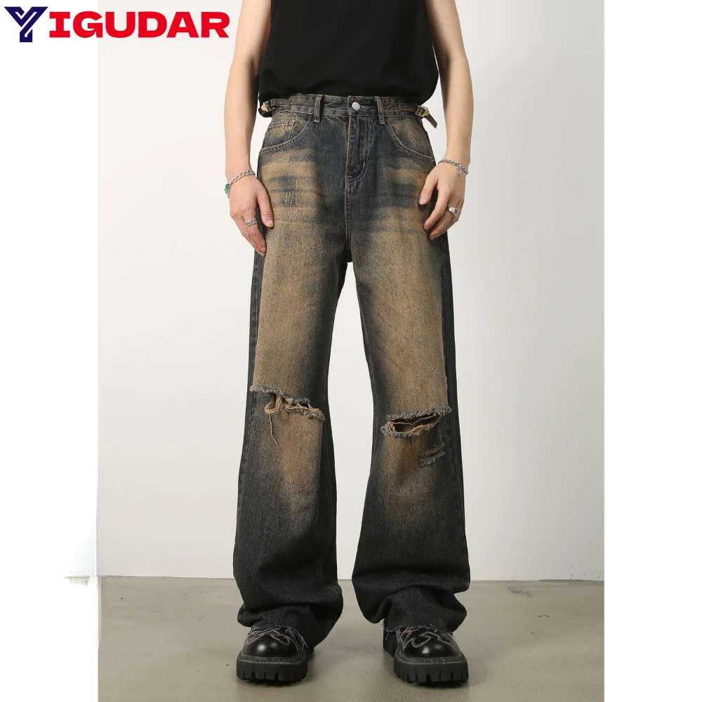 New Nostalgic Rusty Earth Color Waist Adjustable Jeans Men Loose Wide Leg Straight y2k streetwear cargo pants men baggy jeans