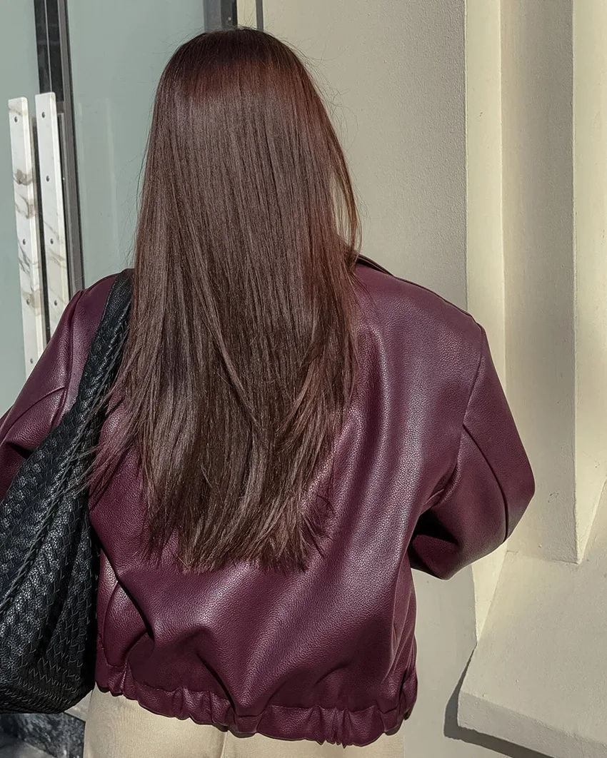 Biker Style Wine Red Leather Jacket For Women Autumn Winter Matte Leather Coat Women's Clothing Streetwear Ladies Short Tops