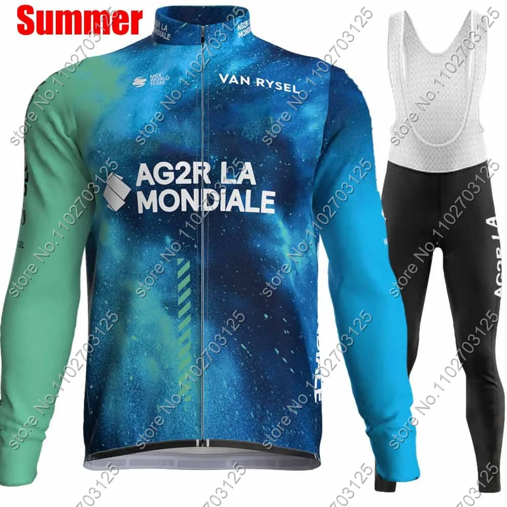 Ag2r Team 2024 Cycling Jersey Set Winter Thermal Fleece Blue France Clothing Long Sleeve Road Pants Bib Bike Suit MTB Maillot