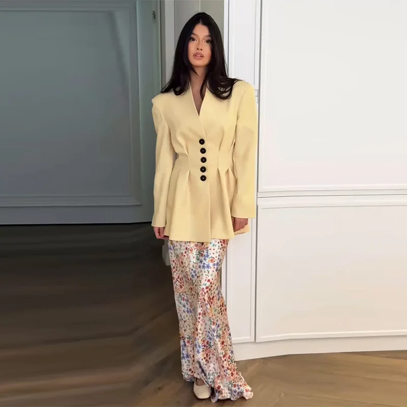 

2025 New Fashion Women's Casual Trendy 2 Piece Sets V-neck Long Sleeve Suit Blazers Ankle Length Printed Skirts Female Clothes
