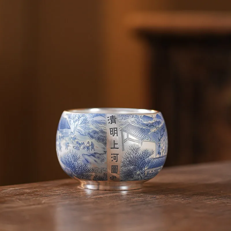 Mutton Fat Jade Silver Plated Arhat Tea Cup Chinese Riverside Scene Tea Cup High End Master Cup Personal Use