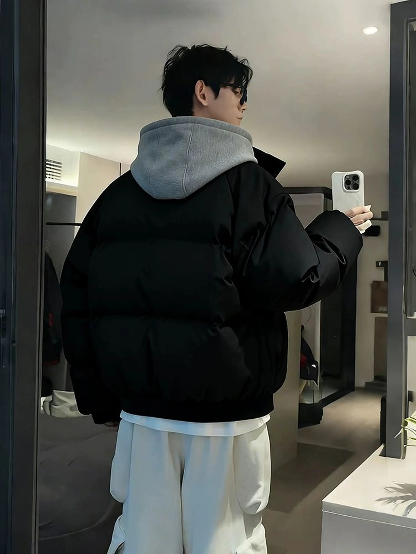 

Bla ort Padded Jaet Men's Winter Thi Warm Hooded Cotton PU Leather American Sle Coat Youth Faion Warmth Supplement