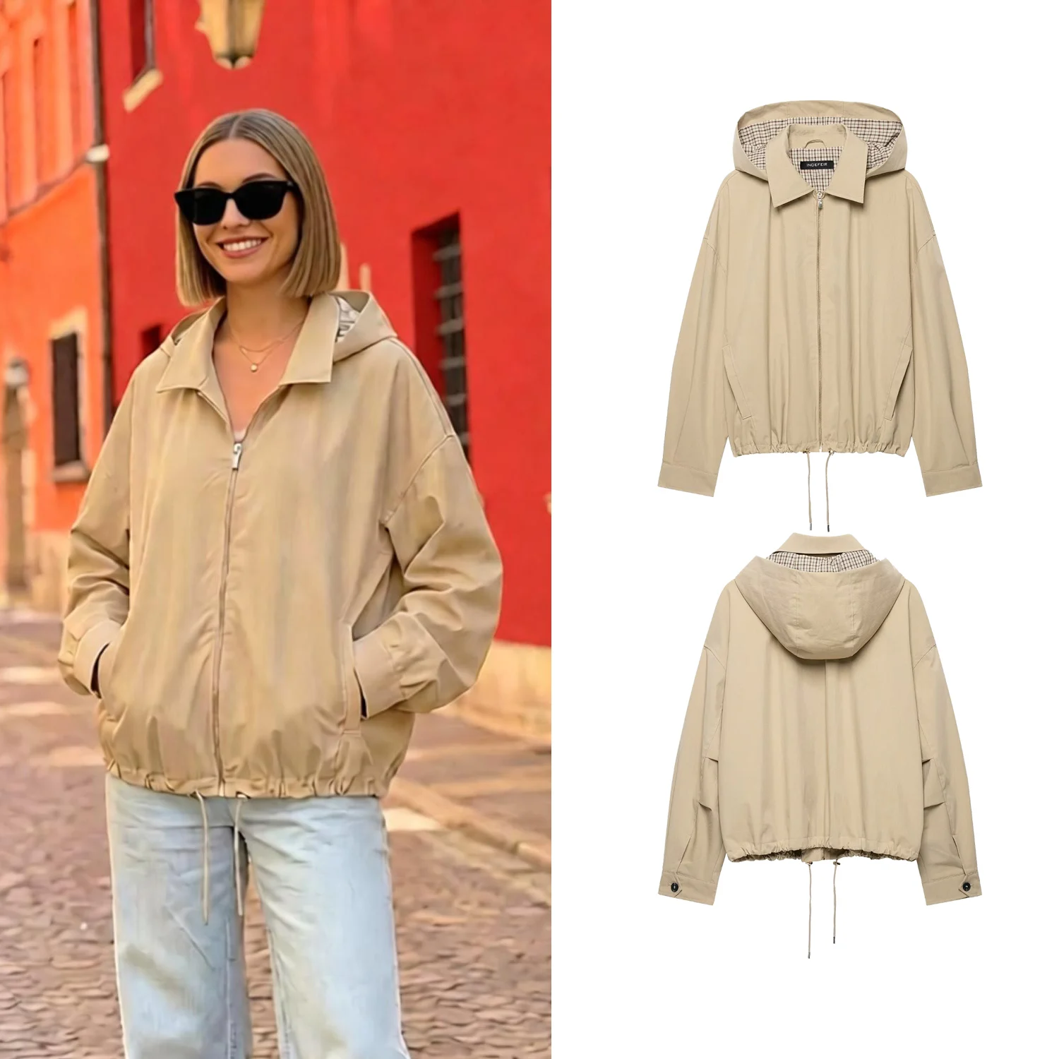 Women's Khaki Hooded Jackets Spring Fall Female Chic Detachable Hooded Collar Coats Lady Loose Casual Zipper Jacket With Pockets