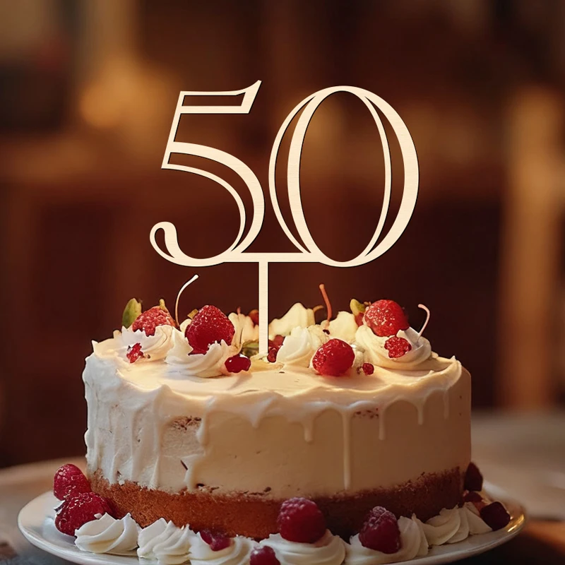 NUBECOM 50er Kuchen-Topper aus Holz, 50. Geburtstag Kuchendekoration, Nummer 50 Kuchenschmuck für Hochzeit, Jubiläum, Party, Kuchenschild – Detail 1