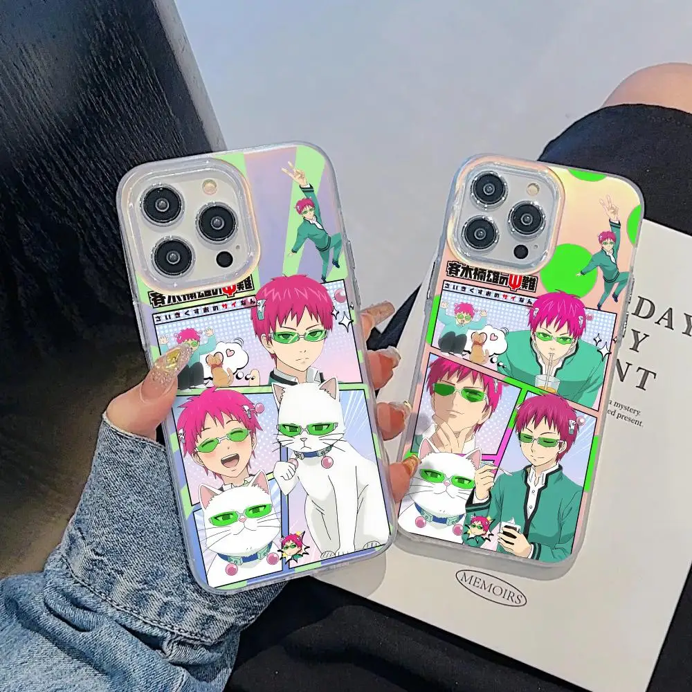 

D-Disastrous Life of S-Saiki K Phone Case For iPhone 17 16 15 14 13 12 11 Pro Max Plus Transparent Aurora Laser Gradient Cover