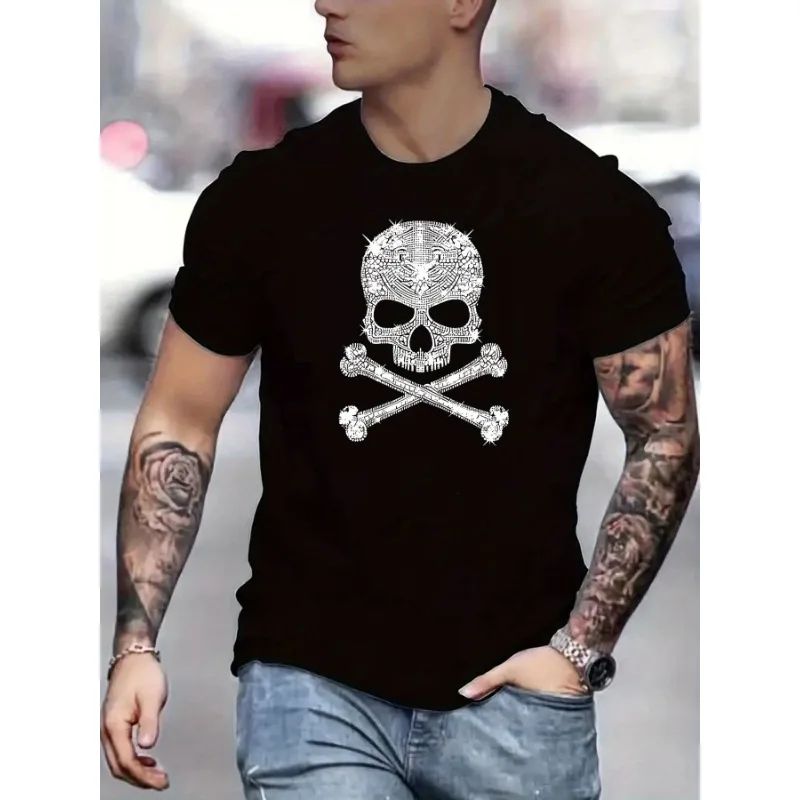 Diamond Skull Fun Pattern Printed T-shirt for Men\'s New Fashion Breathable Cotton Summer Casual T-shirt Large Daily Loose Top