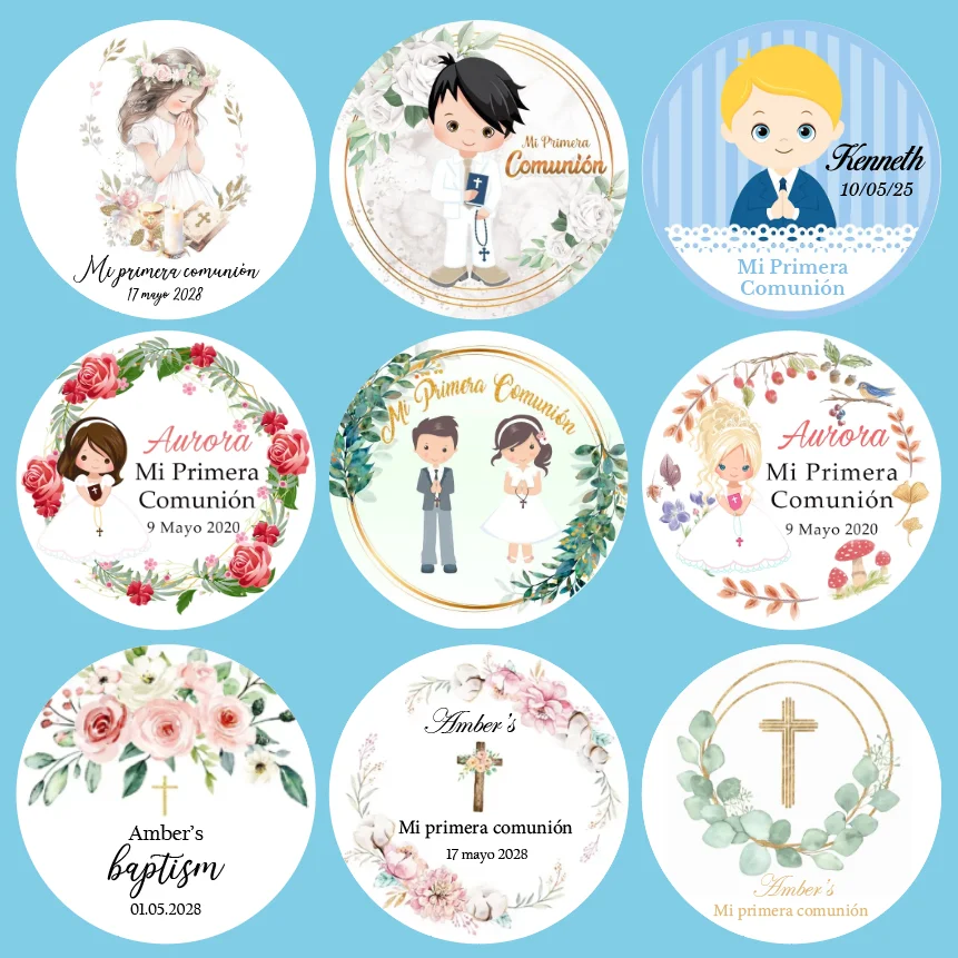 Custom First Holy Communion Sticker Baptism Label Christening Personalized Name Girl Boy Baby Shower Mi Primera Comunión Party