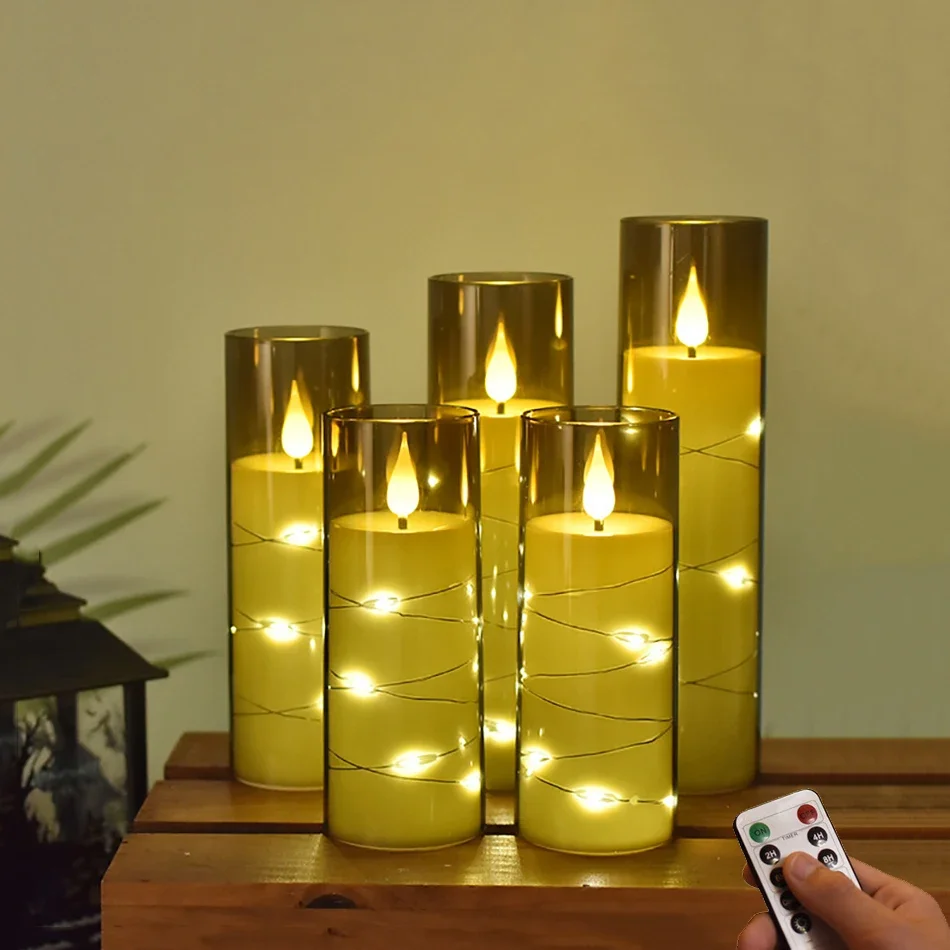 Electronic LED String Candles With Timer Remote,Battery Operated Candles,Wedding Candle,Dia.5.5cm,Height:14/16/18/20cm,5PCs
