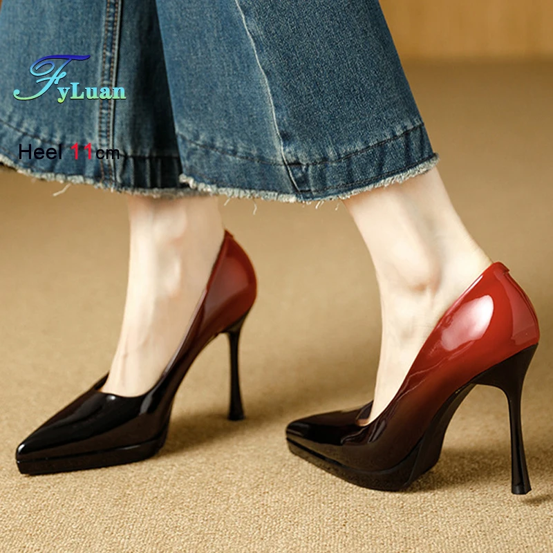 

Весенне-осенние женские туфли-лодочки гранатово-черного цвета на тонком каблуке 11 см, с острым носком, с неглубоким вырезом, для вечеринок