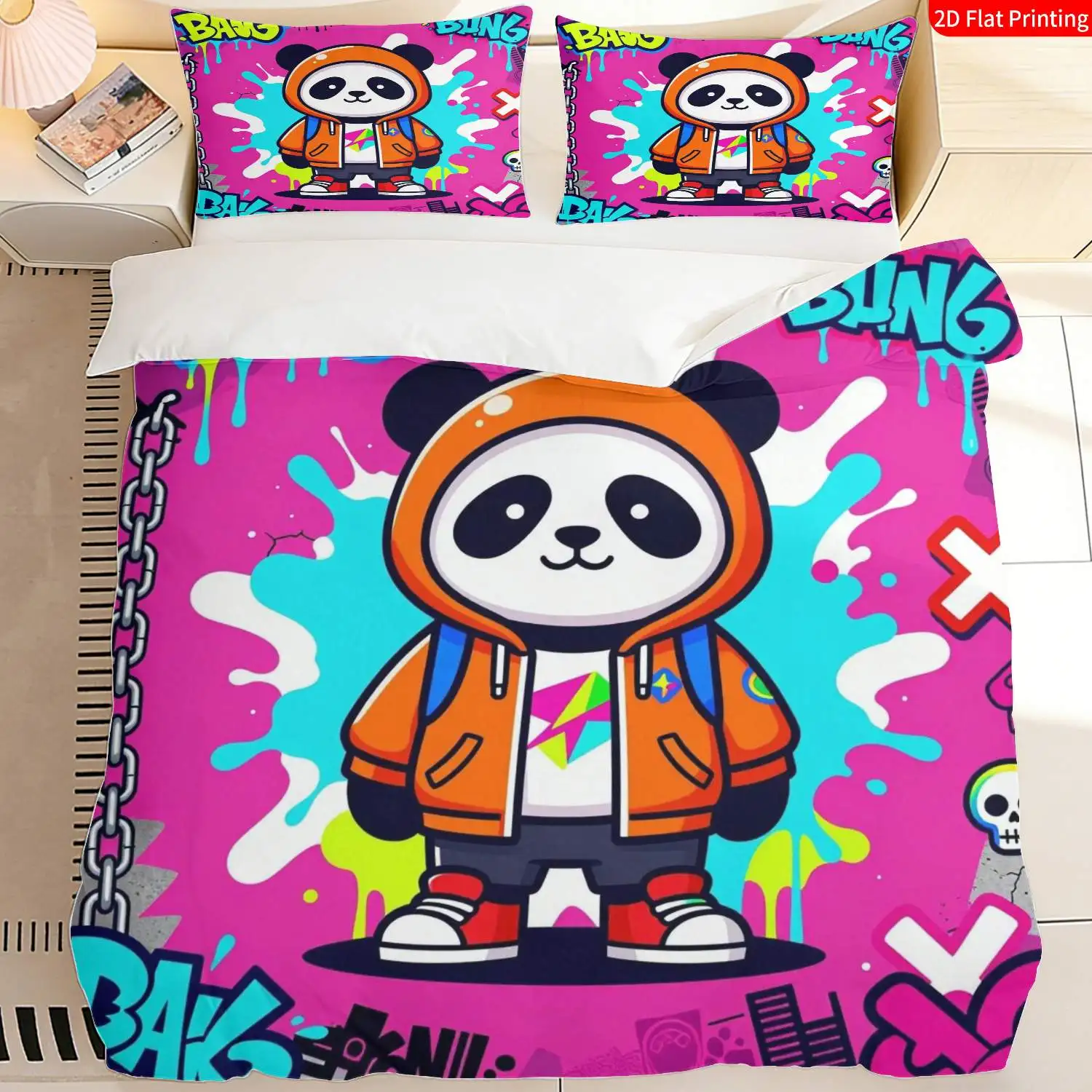 3-Piece Quilt Cover Set, Panda Bedding, Street Hip-Hop Graffiti Style Quilt Cover and Pillowcase, Printed, Zipper Closure, Machine Washable Sheets, Machine Washable, Invisible Zipper, Three-Piece Quilt Cover Set, Bedding Set, Suitable for Home, Dormitory, Master Bedroom, Guest Room