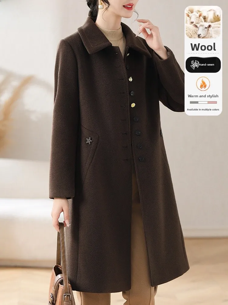 

Ele Woolen Coat for Women Mid-Length Faionable Autumn Winter Outerwear Thiened Polyester Viscose Wool Blend Cardigan