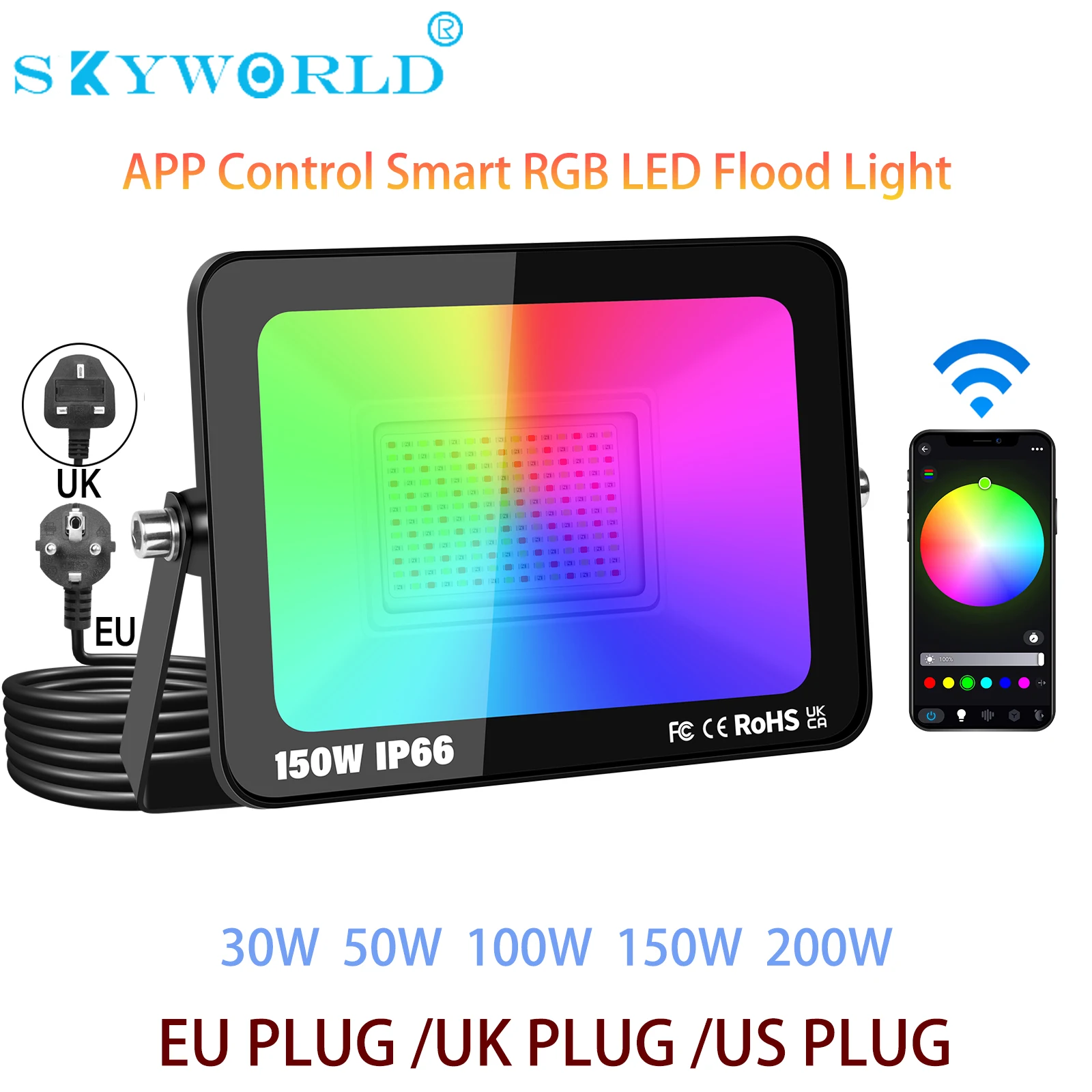 SKYWORLD APP RGB Smart Floodlight with Plug 16 Million Colors Adjustable Wireless Connectivity Garden Yard Outdoor Ligthing