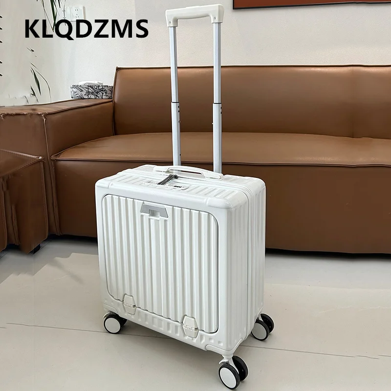 KLQDZMS Rolling Luggage 18 Inch Student Boarding Case Front Opening Laptop Trolley Case Women USB Charging Cabin Suitcase