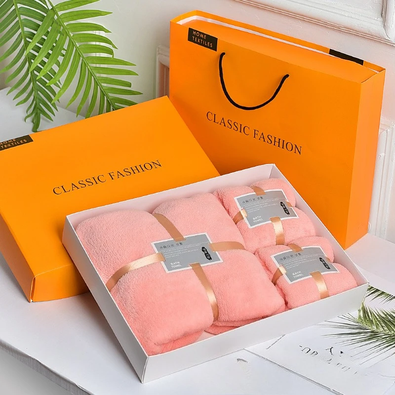 Thick Coral Fleece Bath Towel and Hand Towel Gift Set Super Absorbent Soft Towels Wedding Souvenir Holiday Gift Box