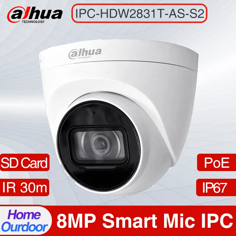 Dahua IPC-HDW2831T-AS-S2 8MP Lite IR 30m Eyeball Network Camera POE Built-in Mic & SD Card Slot IP67 Starlight IP Network Camera