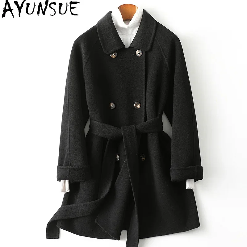 

100% AYUNSUE Wool Jackets for Women 2024 Autumn Winter Double-sided Coats Mid-length Double Breasted Outerqwear Jaquetas