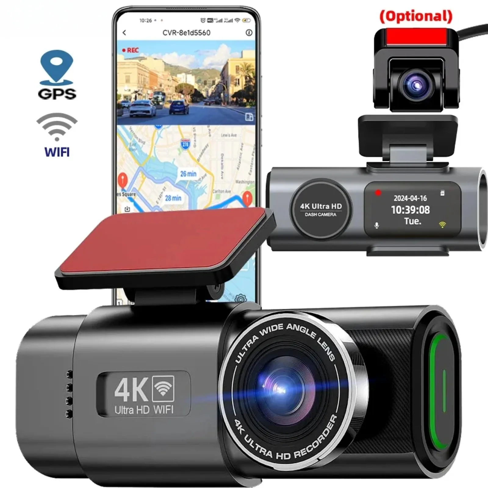 Registrazione doppia lente 4K UHD Videocamera per auto DVR Videoregistratore per visione notturna Supporto Wi-Fi integrato Parcheggio GPS 24 ore su 24
