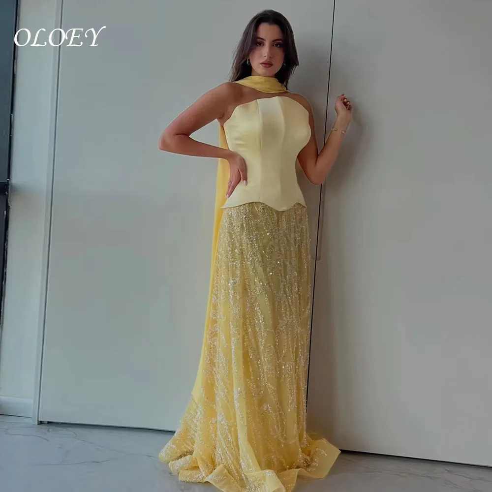 OLOEY Customized Glitter Sequined Lemon Evening Gown Strapless with Scarf A-Line Long Wedding Party Dress for Formal Occasion