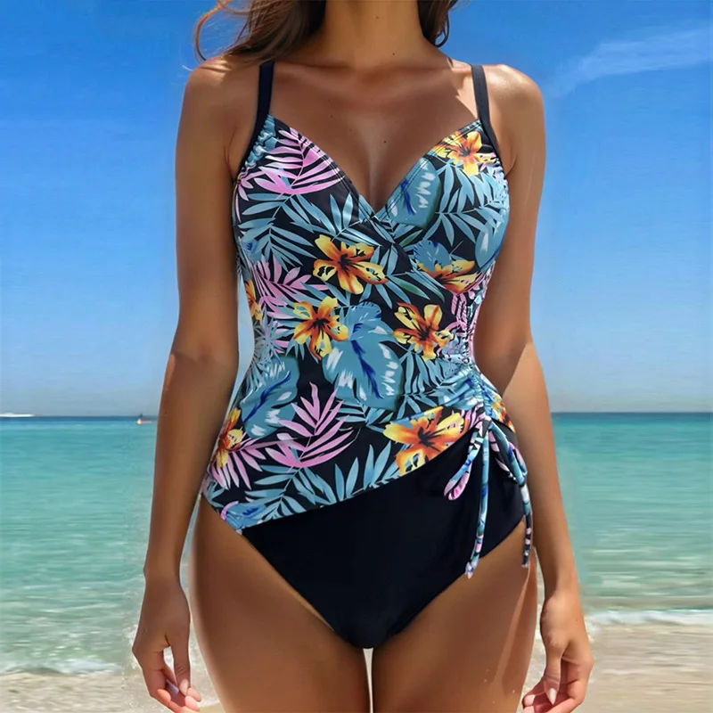 

One-piece printing solid color drawstring gathers to look thin and sexy bikini women's 2025 new model