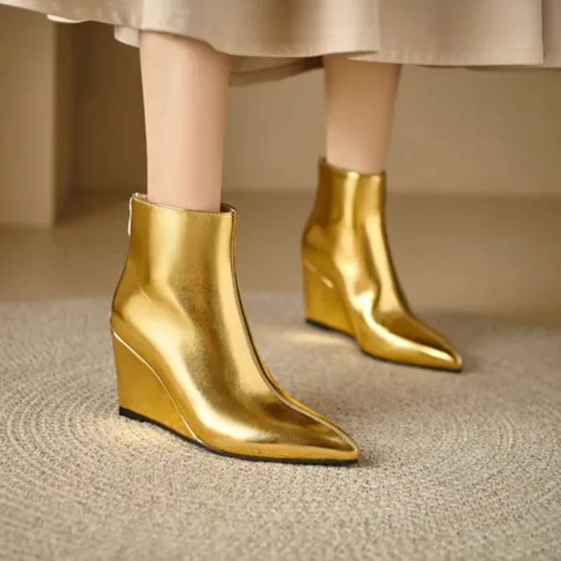 Patent Leather Shiny Gold Silver Wedges High Heels Woman Shoes Zip Back Pointed Toe Ankle Botas Big Size 45 46 Chelsea Boots
