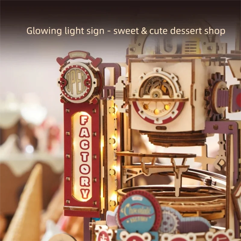 성인을 위한 3D 퍼즐 크리스마스 스타일 나무 모델 키트 초콜릿 공장 DIY 인형 집 키트 음악 조명으로 건축 어린이 선물