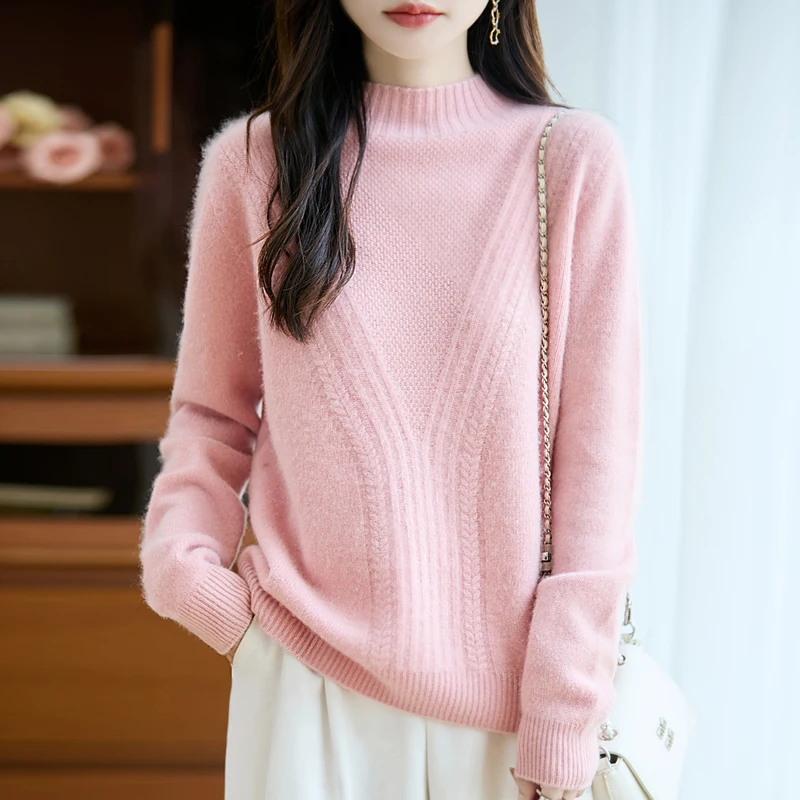100% Wool Women's Sweater Autumn Winter Outside Wear Pullovers Half High Collar Knitwear Fashion Long Sleeve Pull Femme Tops