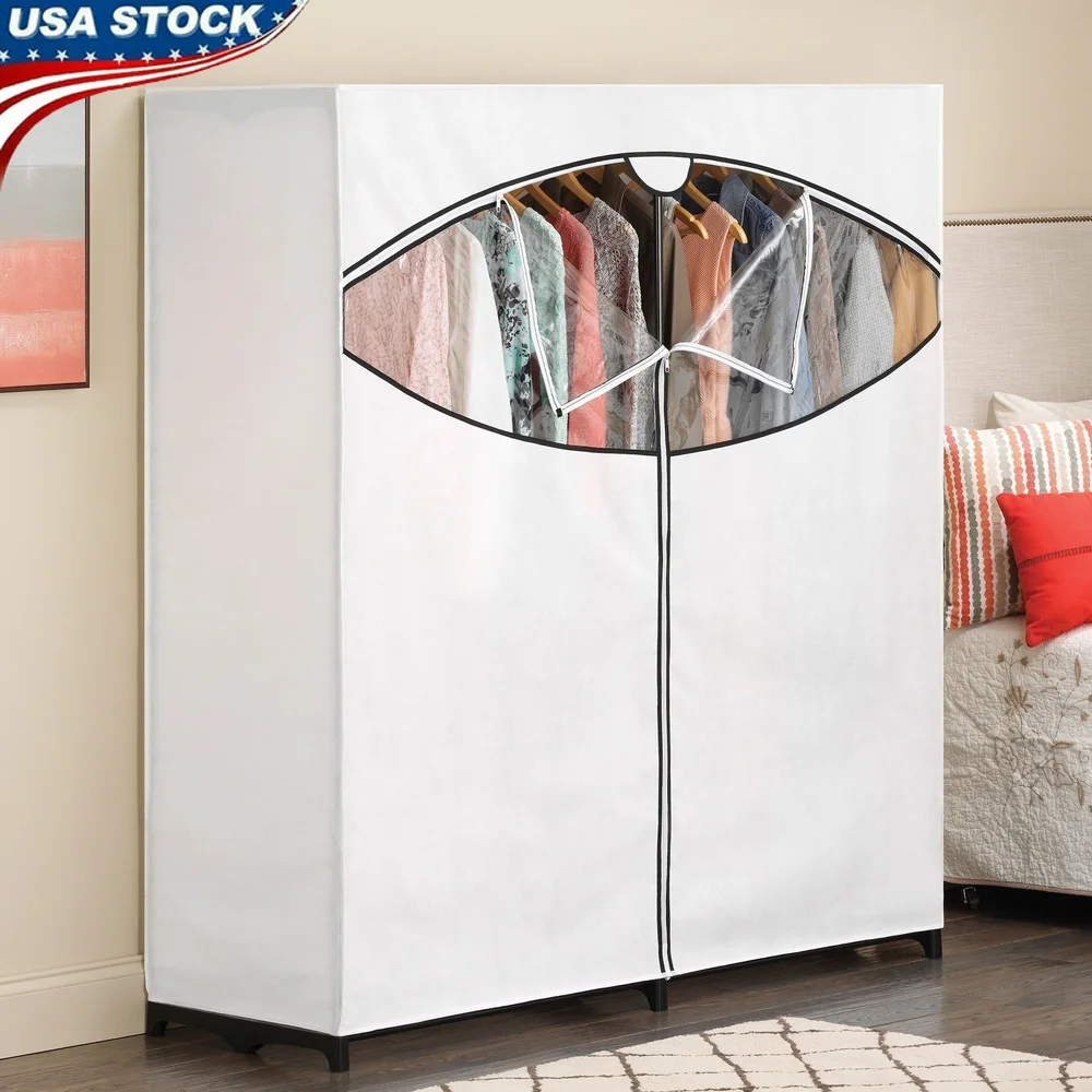 

Extra Wide Portable Clothes Closet with Zipper Clear Window Dust Moisture Protection Freestanding Garment Rack Seasonal Storage