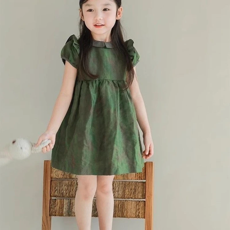 1-9Years Toddler Baby Girl Summer Dress Children Turn Down Collar Short Sleeve Princess Dress Children Green Causal Outfits 8 9