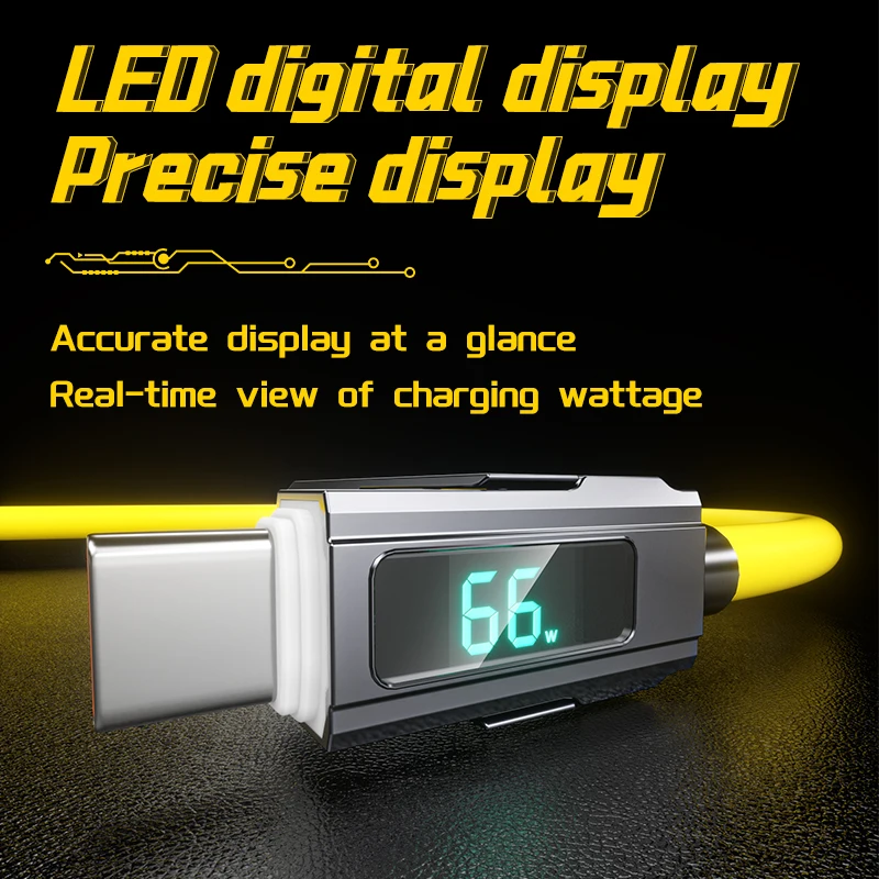66w Silicone 4 in 1 digital display USB data cable for iphone, PD 66W zinc alloy fast charging cable Type c with LED design