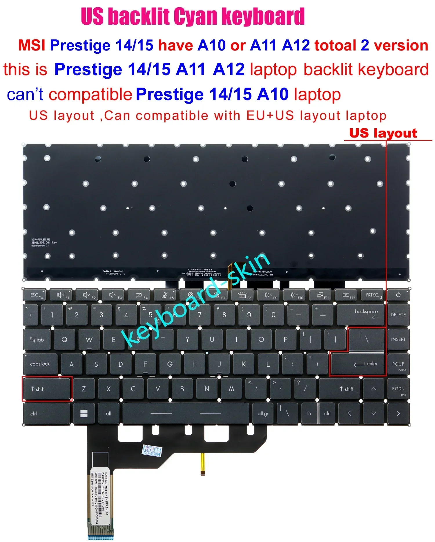 New US backlit keyboard  for MSI Prestige 15 A11 A12 A11SC/A11MO/A11UC/A11UD/A11SCX/A11SCX/A11SCS/A11SB/MS-16S6 laptop