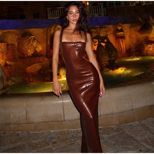 Vestido de fiesta Sexy con lentejuelas y tirantes para mujer, vestido largo ajustado con cuello cuadrado sin mangas y espalda descubierta, bata brillante de noche para mujer 2025