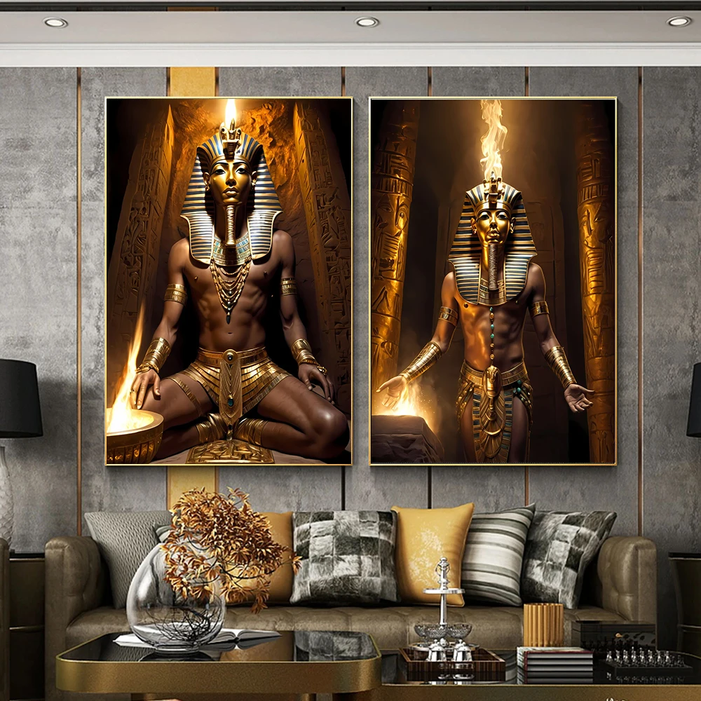 Vintage Golden Pharaoh The Eternal King Art Portrait Wall Canvas Painting Greek Mythology Aesthetic Poster Print Room Home Decor